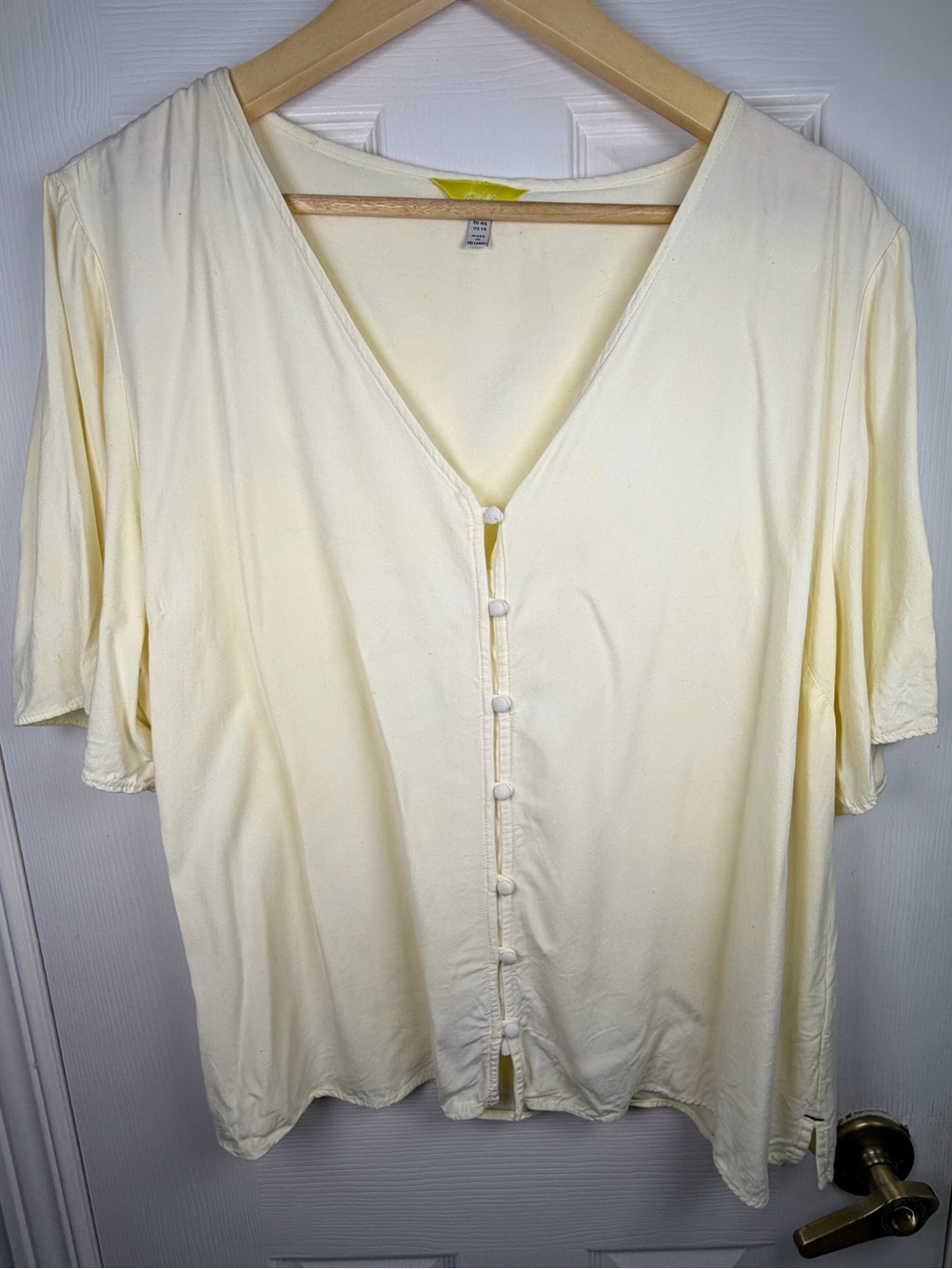 Joules Pale Yellow Blouse Women's 14 V-Neck Button Front Short Sleeve Coastal